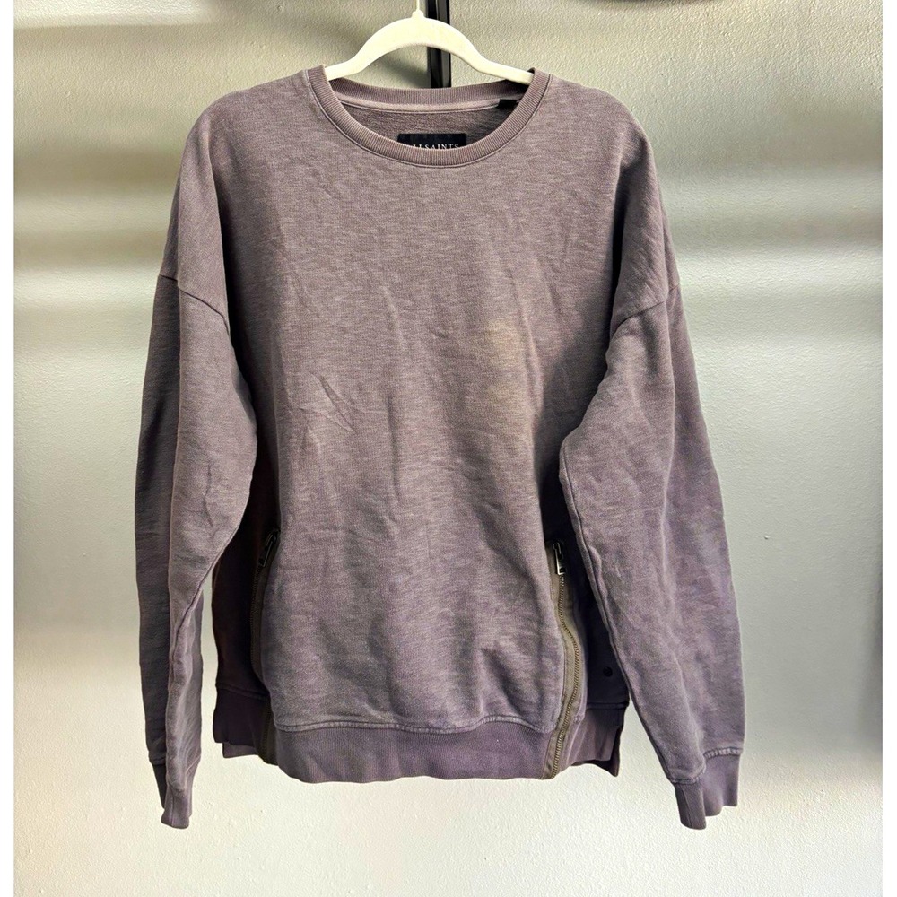 AllSaints Gray mens Crewneck Pullover Sweatshirt Fleece Cotton M Zip Pockets
